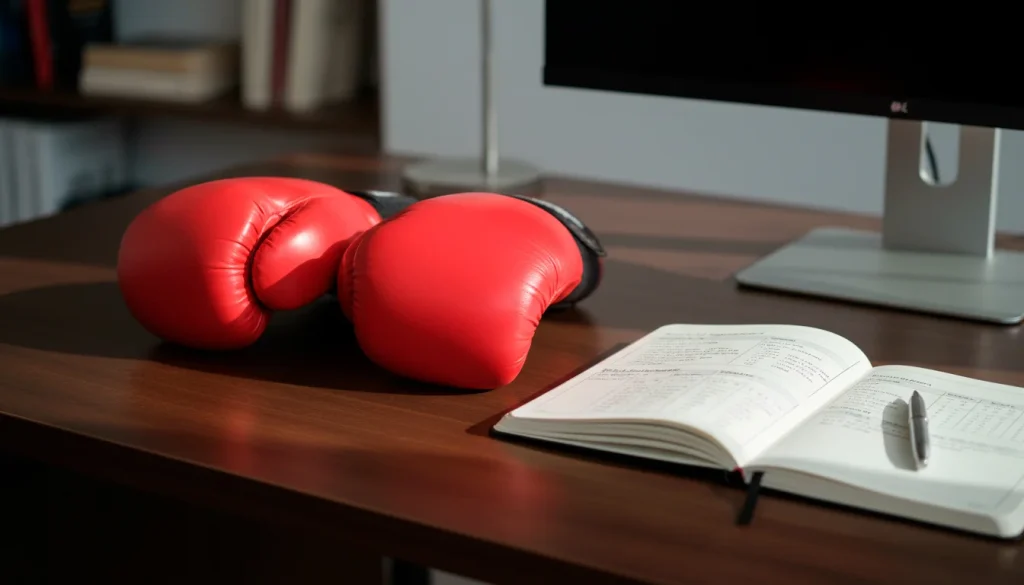Boxhandschuhe neben Notizbuch für Wettplanung