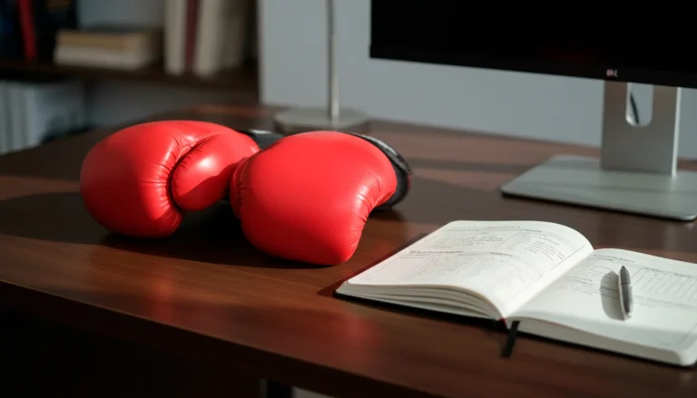 Boxhandschuhe neben Notizbuch für Wettplanung