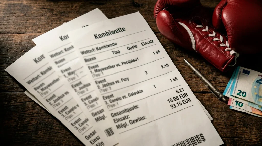 Mehrere Wettscheine übereinander gestapelt mit Boxkampf-Auswahlen