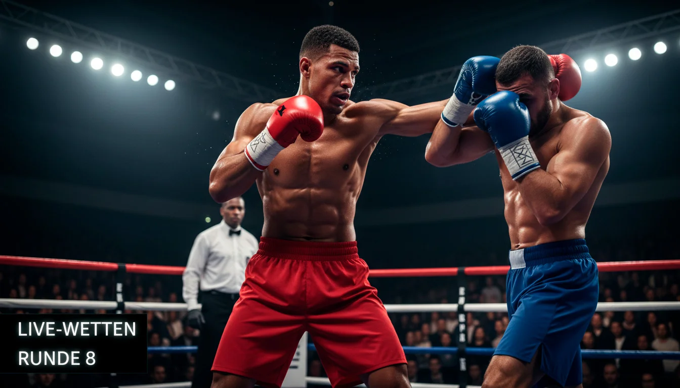 Boxer im Ring während eines Kampfes mit Live-Quoten-Anzeige am Bildschirmrand