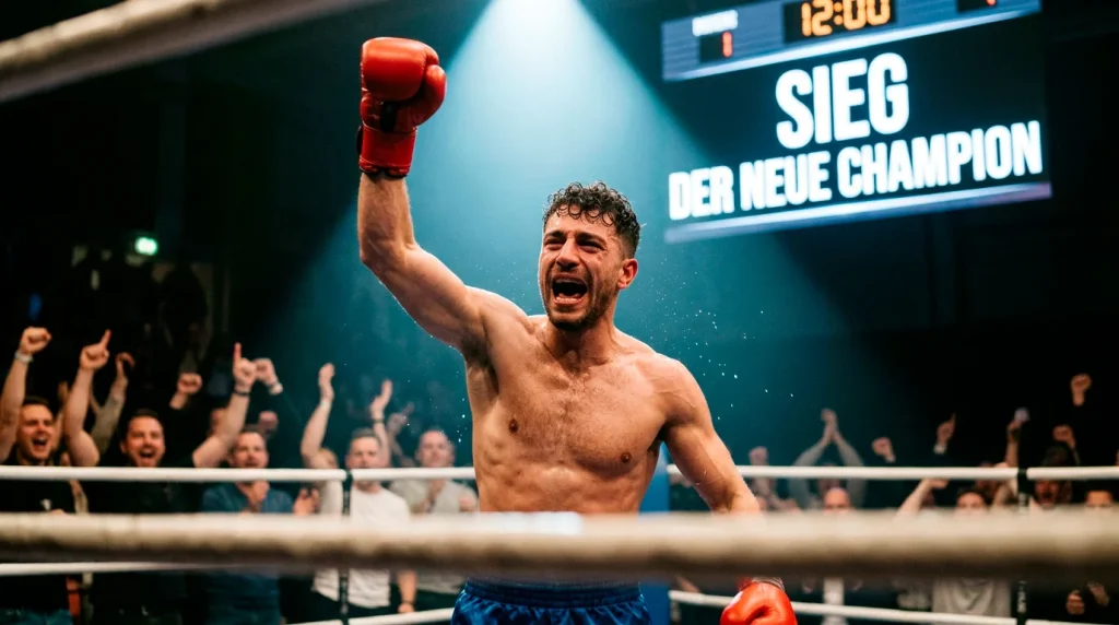 Underdog-Boxer mit erhobener Faust im Boxring