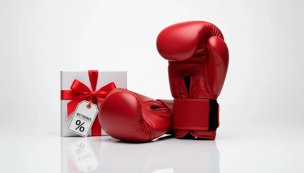Geschenkbox mit Prozentzeichen neben Boxhandschuhen als Bonussymbol