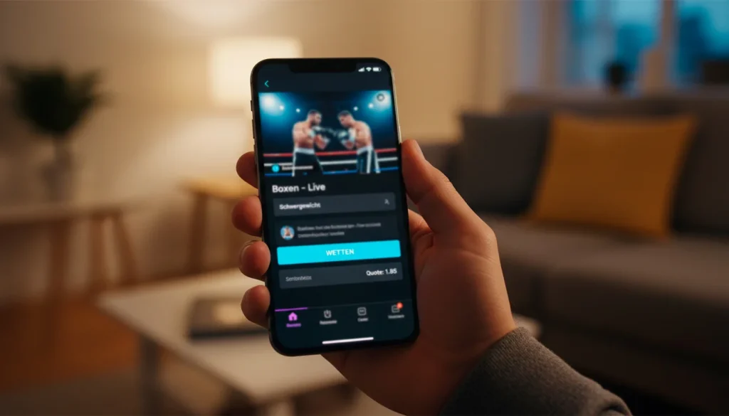 Smartphone mit Sportwetten-App zeigt Boxkampf