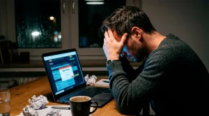 Frustrierter Wetter vor einem Laptop mit Wettseite