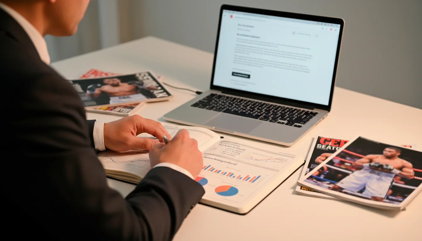 Analyst bei der Auswertung von Boxkampf-Statistiken mit Notizen und Grafiken