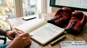 Mathematische Formel auf Papier neben Boxhandschuhen und Wettschein