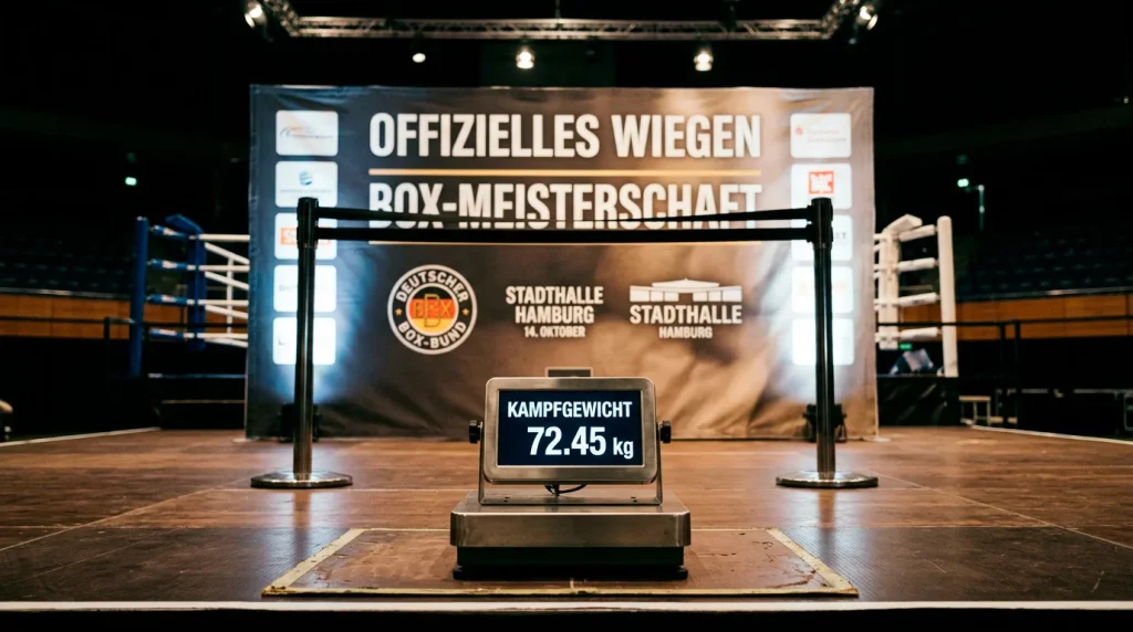 Boxer auf der Waage beim offiziellen Wiegen vor dem Kampf