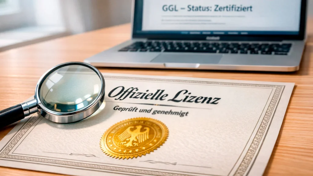 Offizielle Lizenzurkunde mit Siegel neben einem Laptop