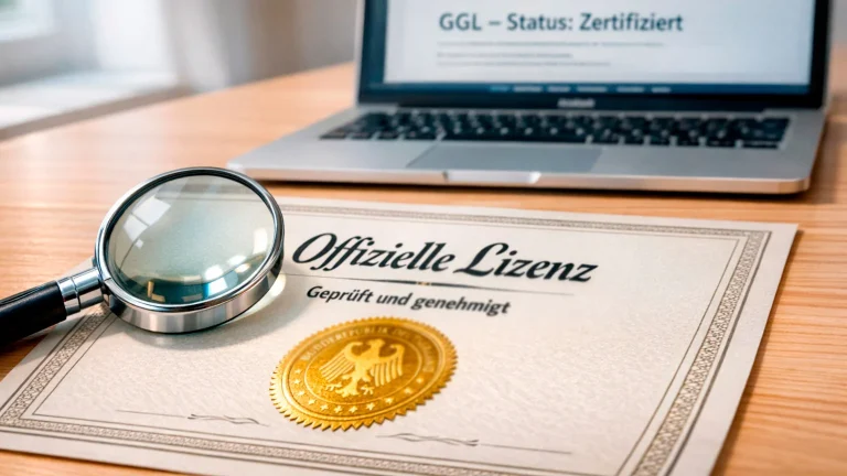 Offizielle Lizenzurkunde mit Siegel neben einem Laptop