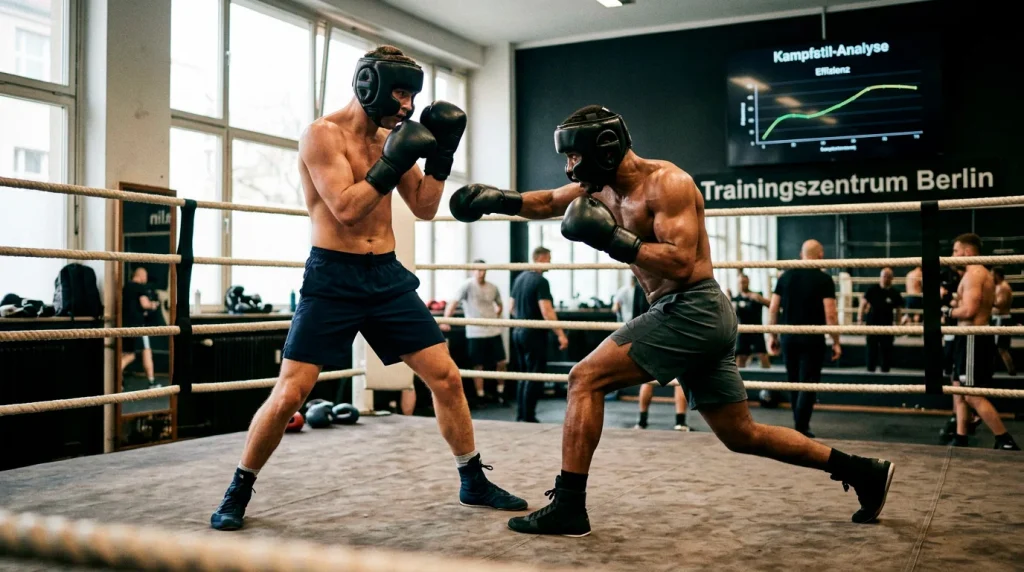 Zwei Boxer mit unterschiedlichen Kampfhaltungen im Ring