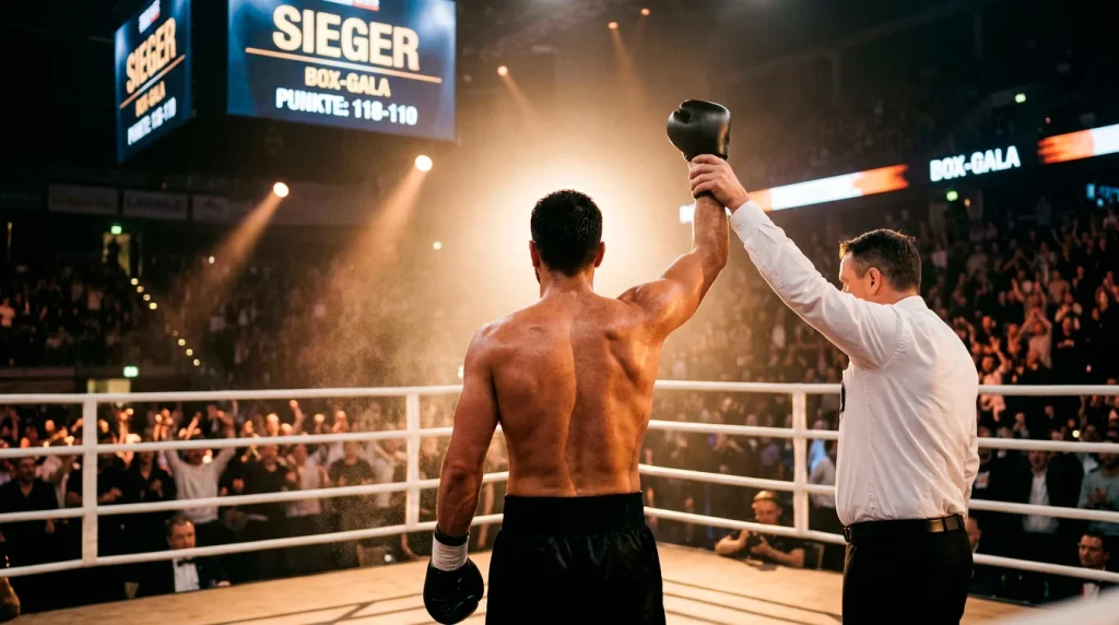 Boxer mit erhobenem Arm als Sieger im Ring nach dem Kampf