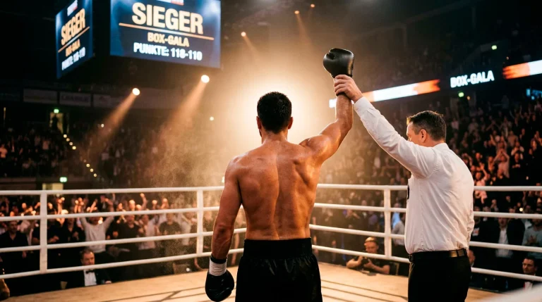 Boxer mit erhobenem Arm als Sieger im Ring nach dem Kampf