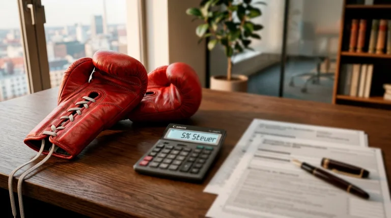 Taschenrechner und Steuerdokumente neben Boxhandschuhen